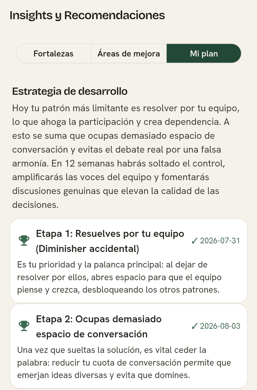 Pestaña Mi plan: estrategia de desarrollo a 12 semanas con etapas —resuelves por tu equipo, ocupas demasiado espacio de conversación, aceptas armonía artificial— y su fecha de cierre.